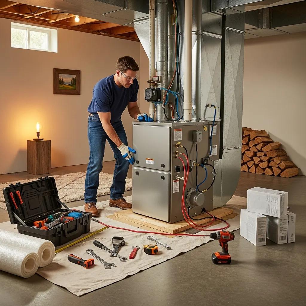 Technician installing a high-efficiency furnace in a residential home