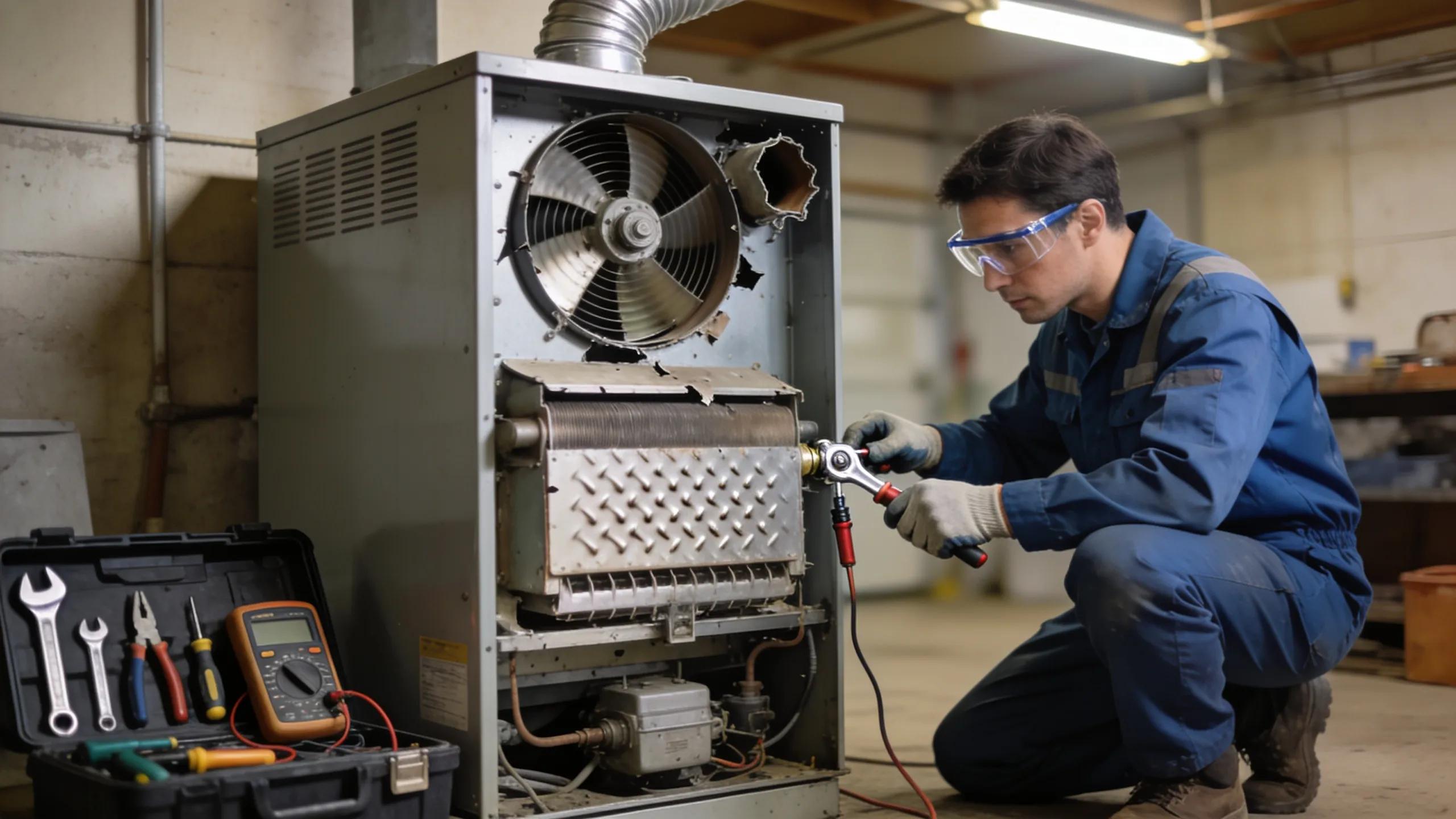 Discover Causes of Noisy AC Units & How to Fix Them 1 Furnace noise troubleshooting scene with technician inspecting loose components