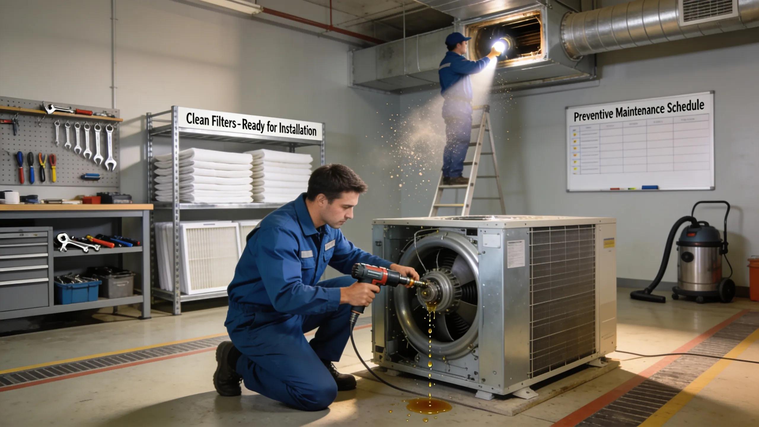 Discover Causes of Noisy AC Units & How to Fix Them 2 Technician performing HVAC maintenance to prevent noise issues with visible tools and components