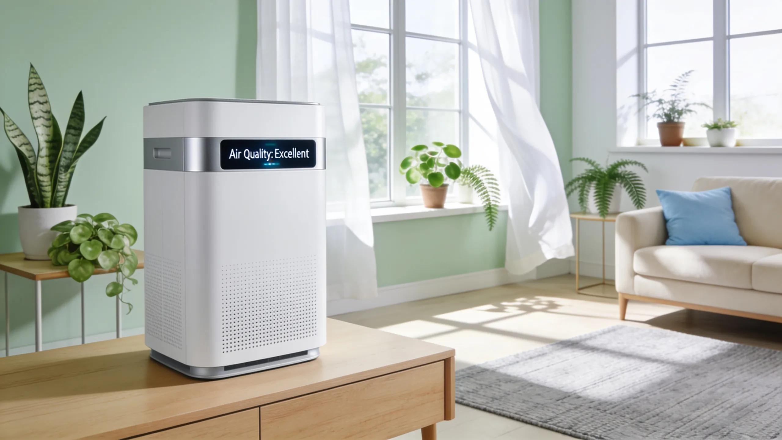 Advanced air purifier in a bright living room, highlighting healthy indoor air quality